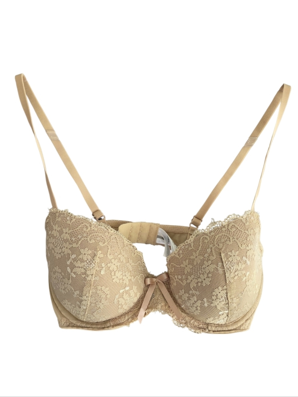 Marie meili 34C Lace Push-Up Bra in Nude with Satin Bow Feminine Lace